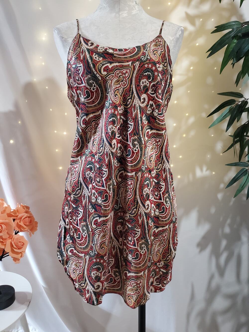 Lord & Taylor Vtg Silk Paisley Mini Chemise Slip Dress Size L Boho Forest Fairy